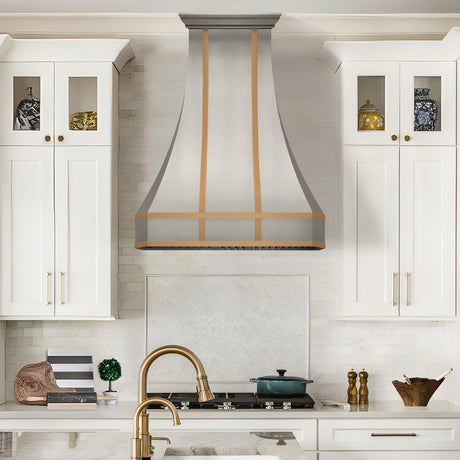 USA Classic Stainless Steel Custom Range Hood with Brushed Brass Trim URHS-105-Custom Stainless Steel Range Hood > Luxury Kitchen Hood > High-End Metal Vent Hood-USA Range Hood