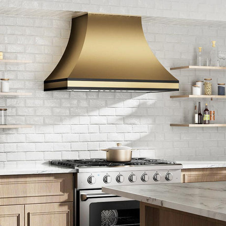USA Curved Brass Kitchen Vent Hood with Sleek Design URHB-09-Custom Brass Range Hood > Luxury Metal Hood > High-End Kitchen Vent Hood-USA Range Hood