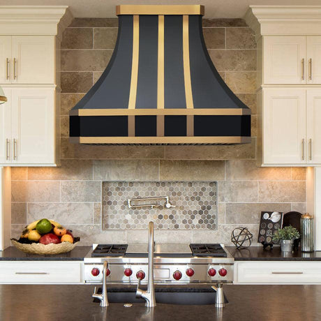 USA Curved Stainless Steel Custom Range Hood with Brass Straps URHS-33-Custom Stainless Steel Range Hood > Luxury Kitchen Hood > High-End Metal Vent Hood-USA Range Hood