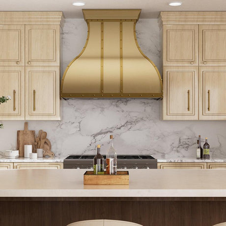 USA Custom Classic Brass Kitchen Hood with Decorative Rivets URHB-06-Custom Brass Range Hood > Luxury Metal Hood > High-End Kitchen Vent Hood-USA Range Hood