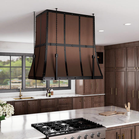 USA Custom Copper Island Kitchen Hood with Dark Chain URHC-12-Custom Copper Range Hood > Luxury Metal Hood > High-End Kitchen Vent Hood-USA Range Hood