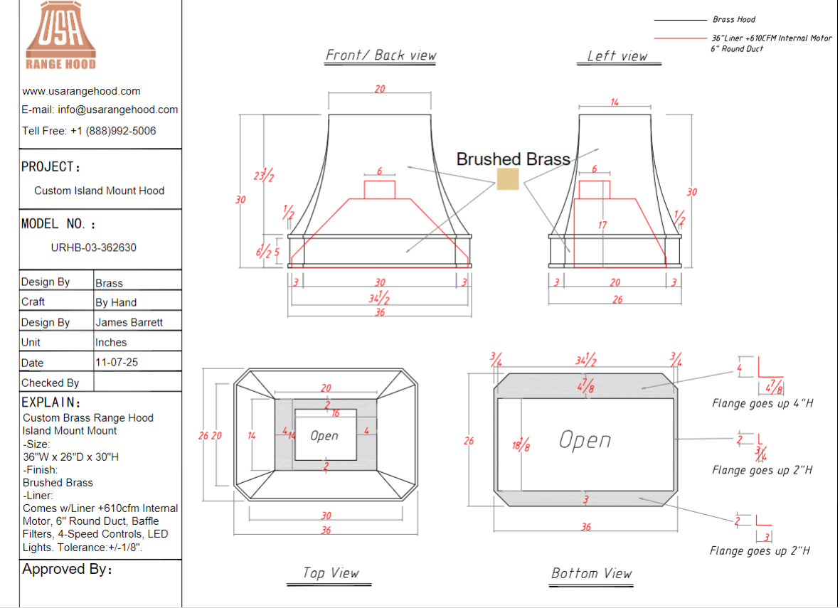 USA Custom Kitchen Range Hood  URHB-03- Custom Link for Chelsea