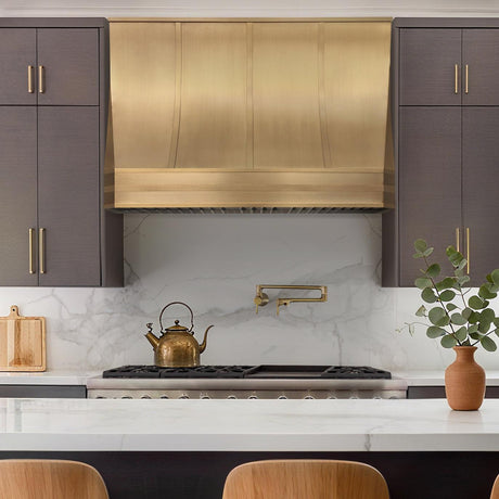 USA Custom Modern Brass Vent Hood with Straps URHB-27-Custom Brass Range Hood > Luxury Metal Hood > High-End Kitchen Vent Hood-USA Range Hood