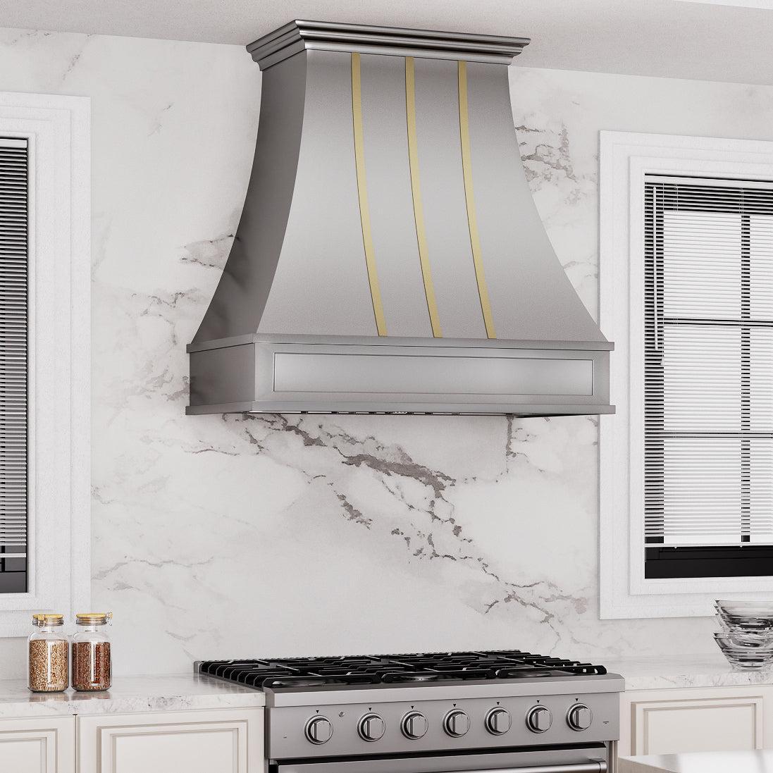 USA Custom Stainless Steel Curved Range Hood with Brass Accents URHS-63-Custom Stainless Steel Range Hood > Luxury Kitchen Hood > High-End Metal Vent Hood-USA Range Hood