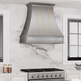 USA Custom Stainless Steel Curved Range Hood with Brass Accents URHS-63-Custom Stainless Steel Range Hood > Luxury Kitchen Hood > High-End Metal Vent Hood-USA Range Hood