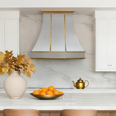 USA Custom Stainless Steel Curved Range Hood with Brass Detailing URHS-46-Custom Stainless Steel Range Hood > Luxury Kitchen Hood > High-End Metal Vent Hood-USA Range Hood