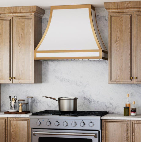 USA Custom White Stainless Steel Kitchen Hood with Brass Trims URHS-49-Custom Stainless Steel Range Hood > Luxury Kitchen Hood > High-End Metal Vent Hood-USA Range Hood