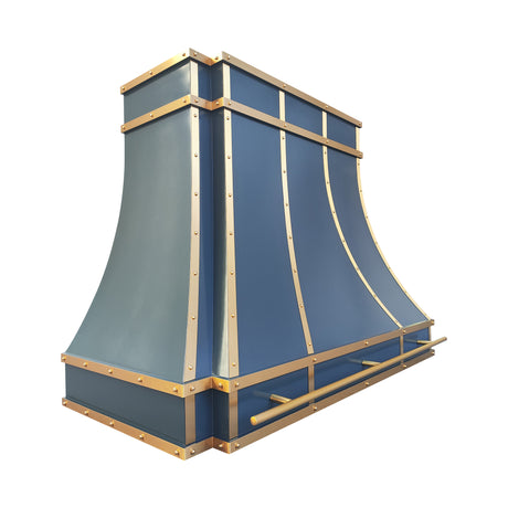 USA Dark Blue Stainless Steel Range Hood with Brass Trim URHS-99-Custom Stainless Steel Range Hood > Luxury Kitchen Hood > High-End Metal Vent Hood-USA Range Hood