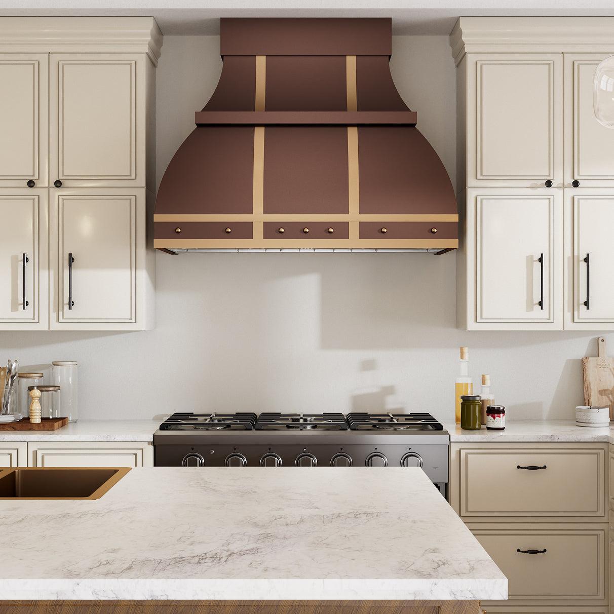 USA Designer Copper Vent Hood with Brass Straps URHC-20-Custom Copper Range Hood > Luxury Metal Hood > High-End Kitchen Vent Hood-USA Range Hood