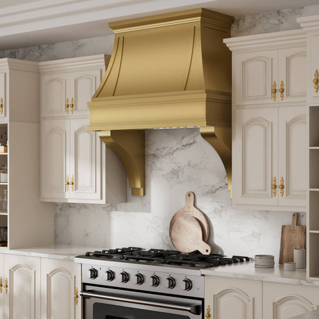 USA Luxury Brass Kitchen Range Hood with Artisan Shelf URHB-34-Custom Brass Range Hood > Luxury Metal Hood > High-End Kitchen Vent Hood-USA Range Hood
