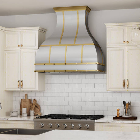 USA Minimal Stainless Steel Vent Hood Featuring Brass Straps URHS-102-Custom Stainless Steel Range Hood > Luxury Kitchen Hood > High-End Metal Vent Hood-USA Range Hood
