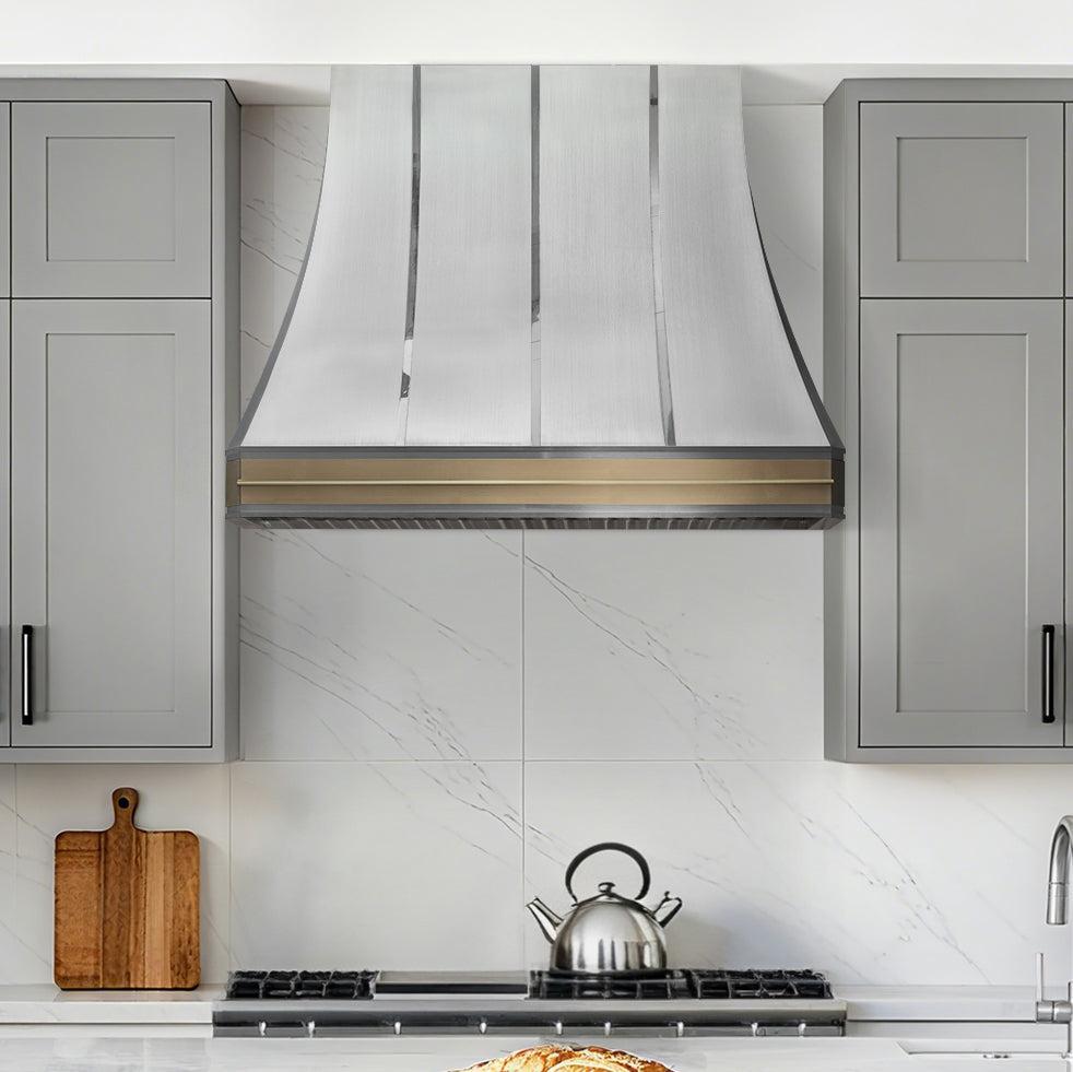 USA Mix Metal Custom Kitchen Vent Hood in Premium Stainless Steel and Brass URHS-75-Custom Stainless Steel Range Hood > Luxury Kitchen Hood > High-End Metal Vent Hood-USA Range Hood