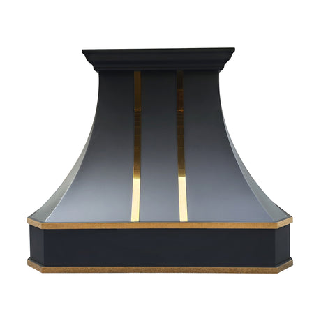 USA Premium Black Metal Range Hood with Curved Design & Brass Trim URHS-106-Custom Stainless Steel Range Hood > Luxury Kitchen Hood > High-End Metal Vent Hood-USA Range Hood