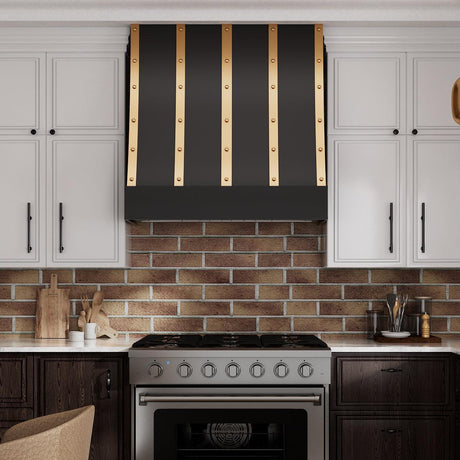 USA Sloped Stainless Steel Custom Vent Hood with Brass Straps URHS-20-Custom Stainless Steel Range Hood > Luxury Kitchen Hood > High-End Metal Vent Hood-USA Range Hood