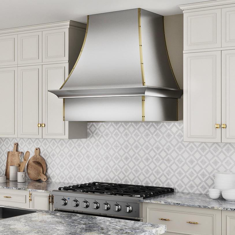 USA Stainless Steel Custom Kitchen Vent Hoods with Brass Trims URHS-22-Custom Stainless Steel Range Hood > Luxury Kitchen Hood > High-End Metal Vent Hood-USA Range Hood
