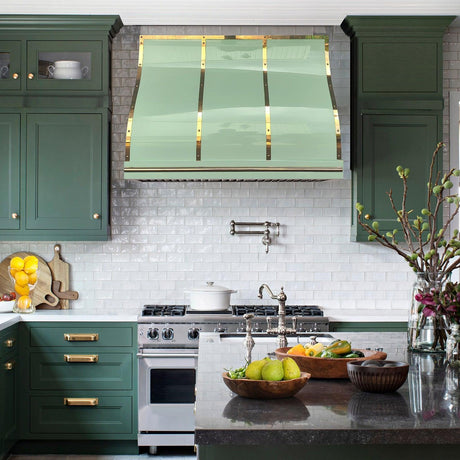 USA Stainless Steel Spring Green Range Hood with Brass Straps URHS-85-Custom Stainless Steel Range Hood > Luxury Kitchen Hood > High-End Metal Vent Hood-USA Range Hood