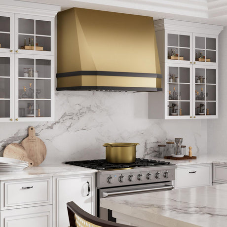 USA Tapered Brass Kitchen Hood with Black Strap URHB-10-Custom Brass Range Hood > Luxury Metal Hood > High-End Kitchen Vent Hood-USA Range Hood