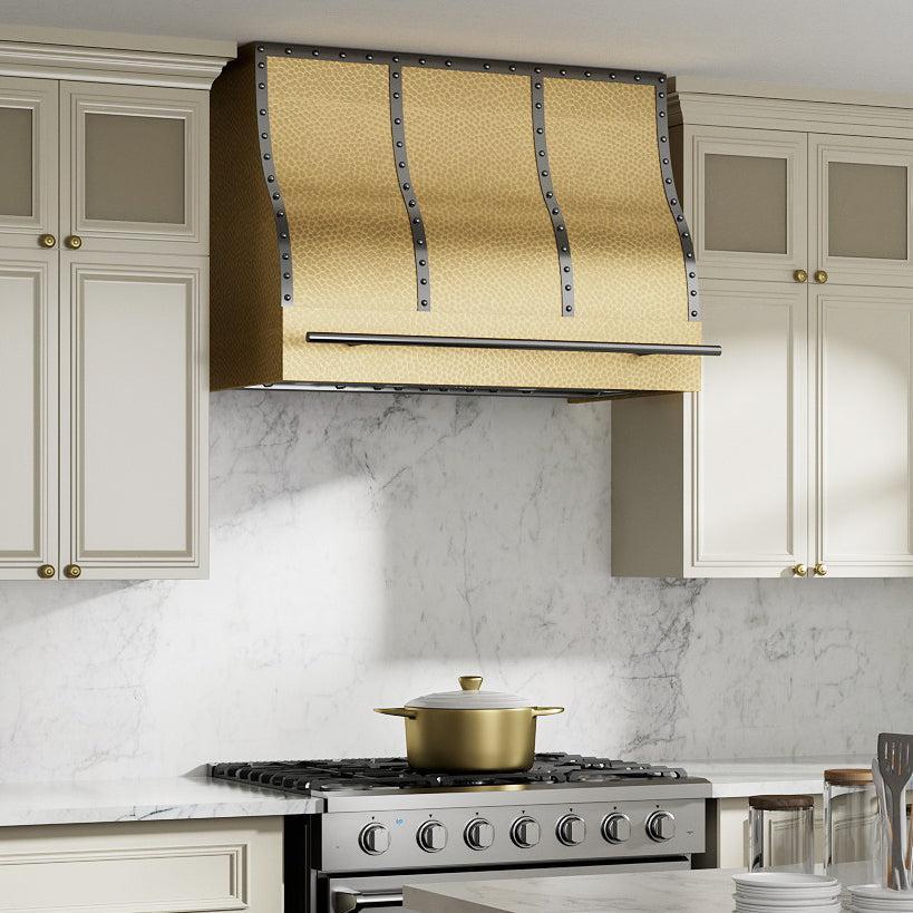 USA Texas Brass Kitchen Hoods with Black Rivets and Straps URHB-23-Custom Brass Range Hood > Luxury Metal Hood > High-End Kitchen Vent Hood-USA Range Hood