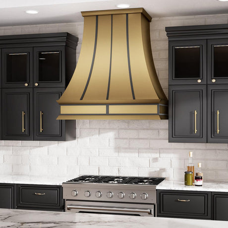 USA Wall Mount Brass Vent Hood with Dark Straps URHB-07-Custom Brass Range Hood > Luxury Metal Hood > High-End Kitchen Vent Hood-USA Range Hood