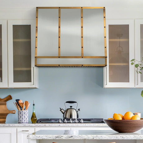 USA Warm Stainless Steel Range Hood with Antique Brass Trim URHS-79-Custom Stainless Steel Range Hood > Luxury Kitchen Hood > High-End Metal Vent Hood-USA Range Hood