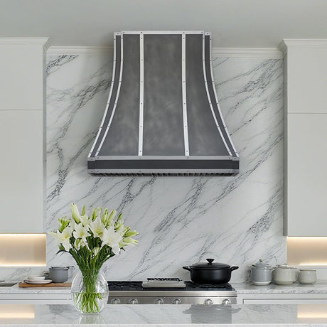 USA Zinc Custom Metal Range Hoods with Silver Straps URHZ-05-Custom Zinc Range Hood > Luxury Metal Hood > High-End Kitchen Vent Hood-USA Range Hood