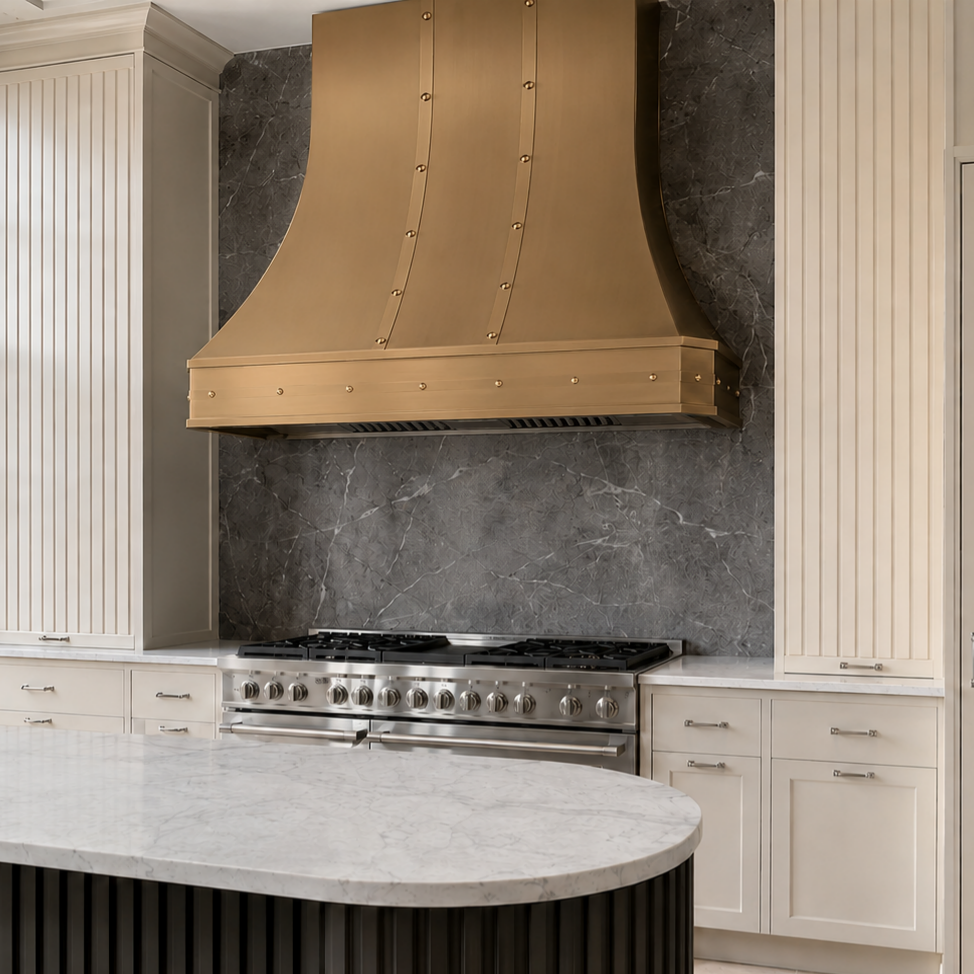 USA Artisan Brass Range Hood Featuring Handmade Straps and Rivets URHB-138