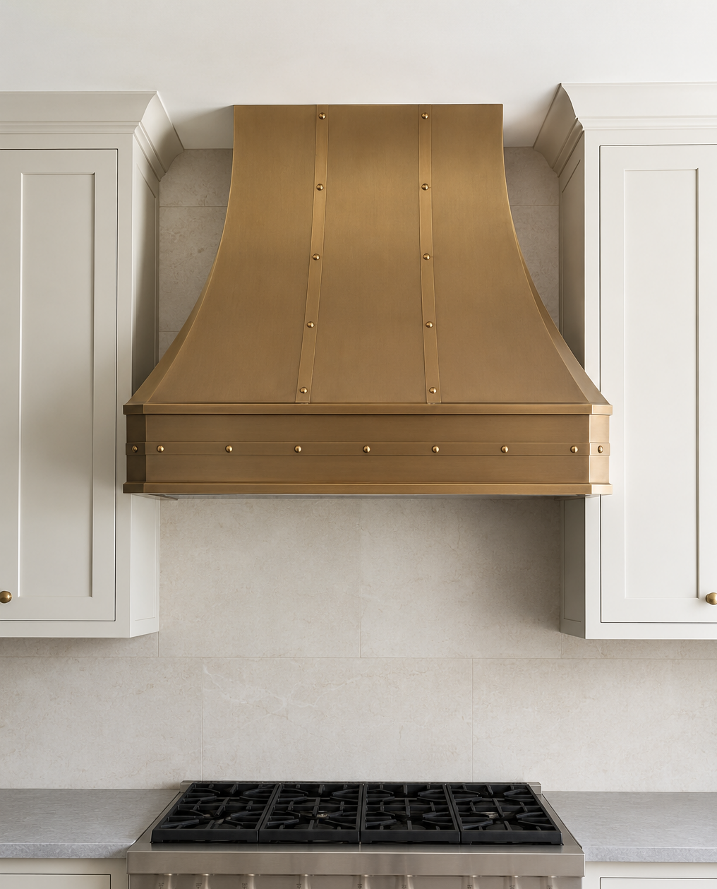 USA Artisan Brass Range Hood Featuring Handmade Straps and Rivets URHB-138