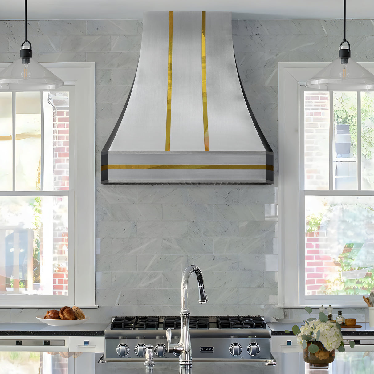 USA Artisan Brushed Stainless Steel Vent Hood Featuring Brass Details URHS-132