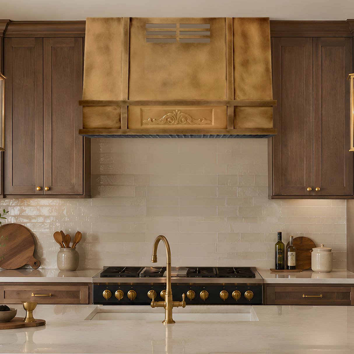 USA Artisan Custom Brass Stove Hood with Handmade Apron URHB-154