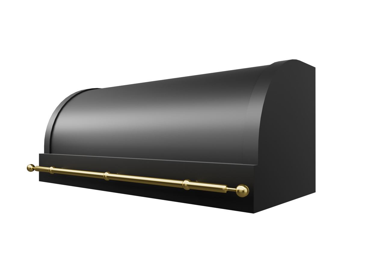 USA Black Exhaust Hood Featuring Artisan Brass Pot Rack URHS-157