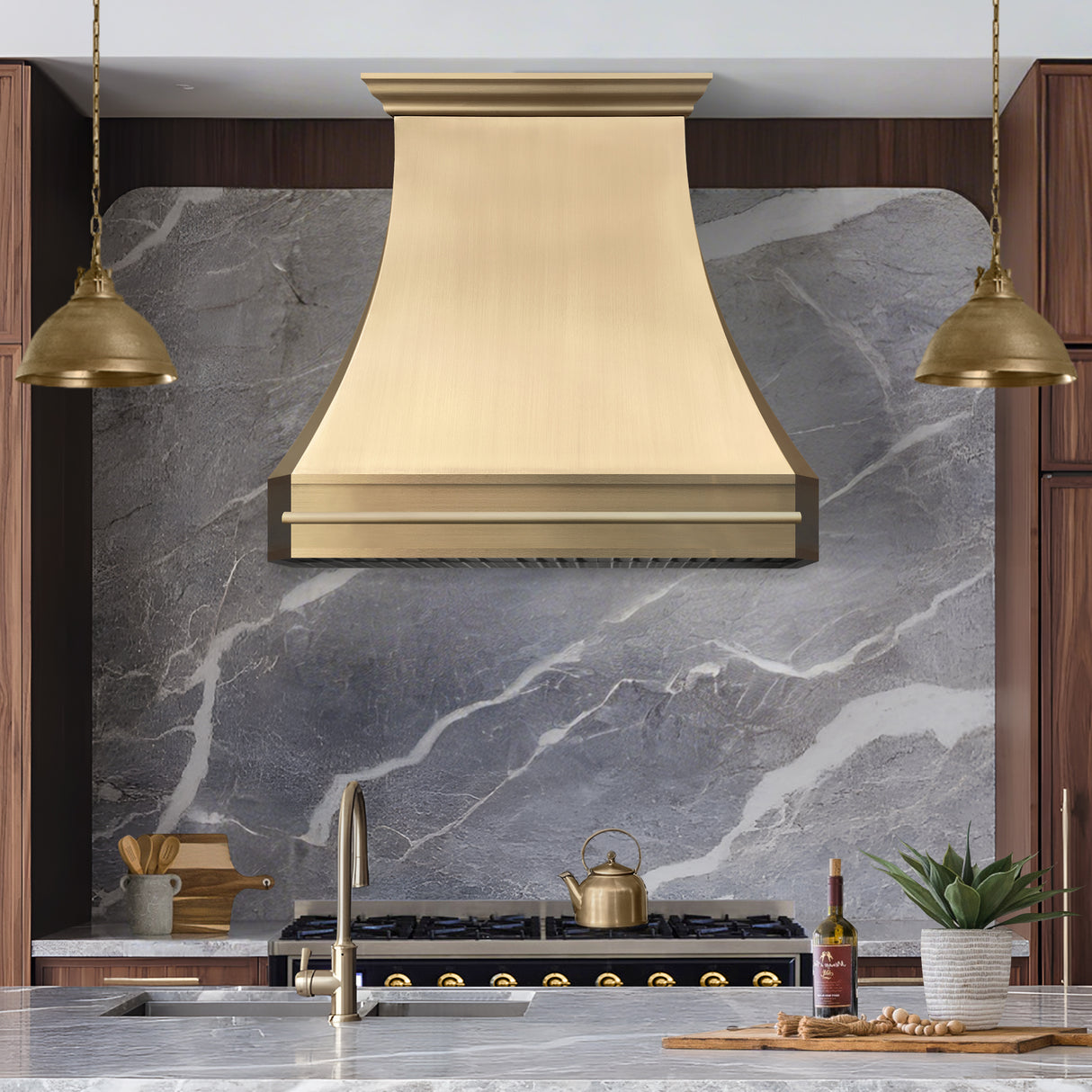 USA Classic Brass Range Hood Featuring Brass Pot Rack URHB-82