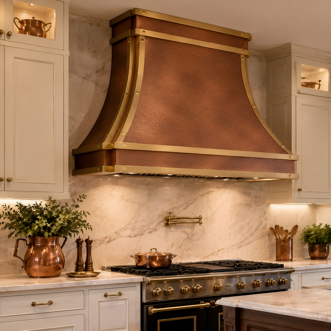 USA Classic Handmade Fire Copper Vent Hood with Soft Hammered Texture URHC-115