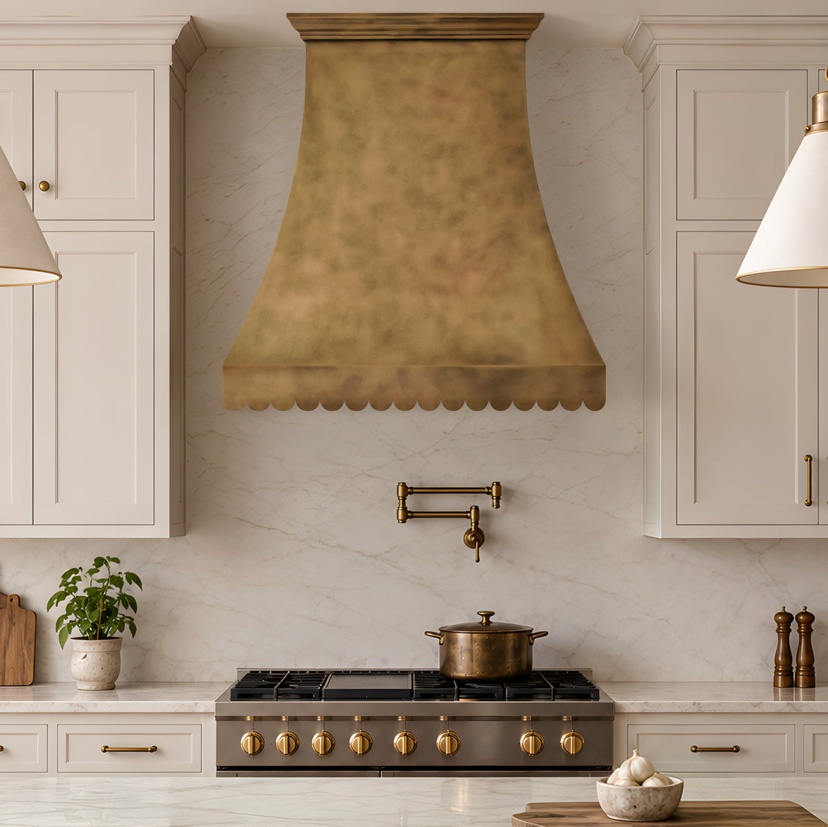 USA Custom Brass Stove Hood with Handmade Designer Apron URHB-157