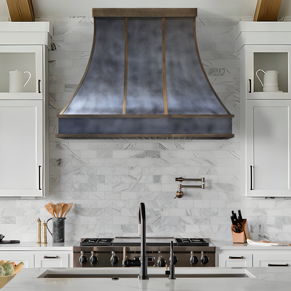 USA Custom Sculptural Zinc Range Hood with Aged Brass Detailing URHZ-11