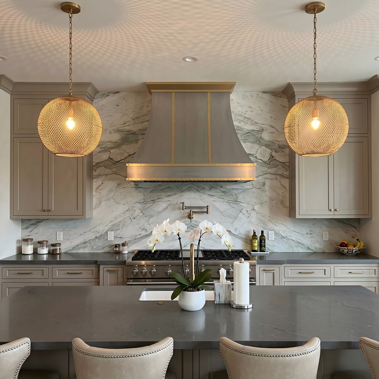 USA Custom Stainless Steel Curved Range Hood with Brass Detailing URHS-46