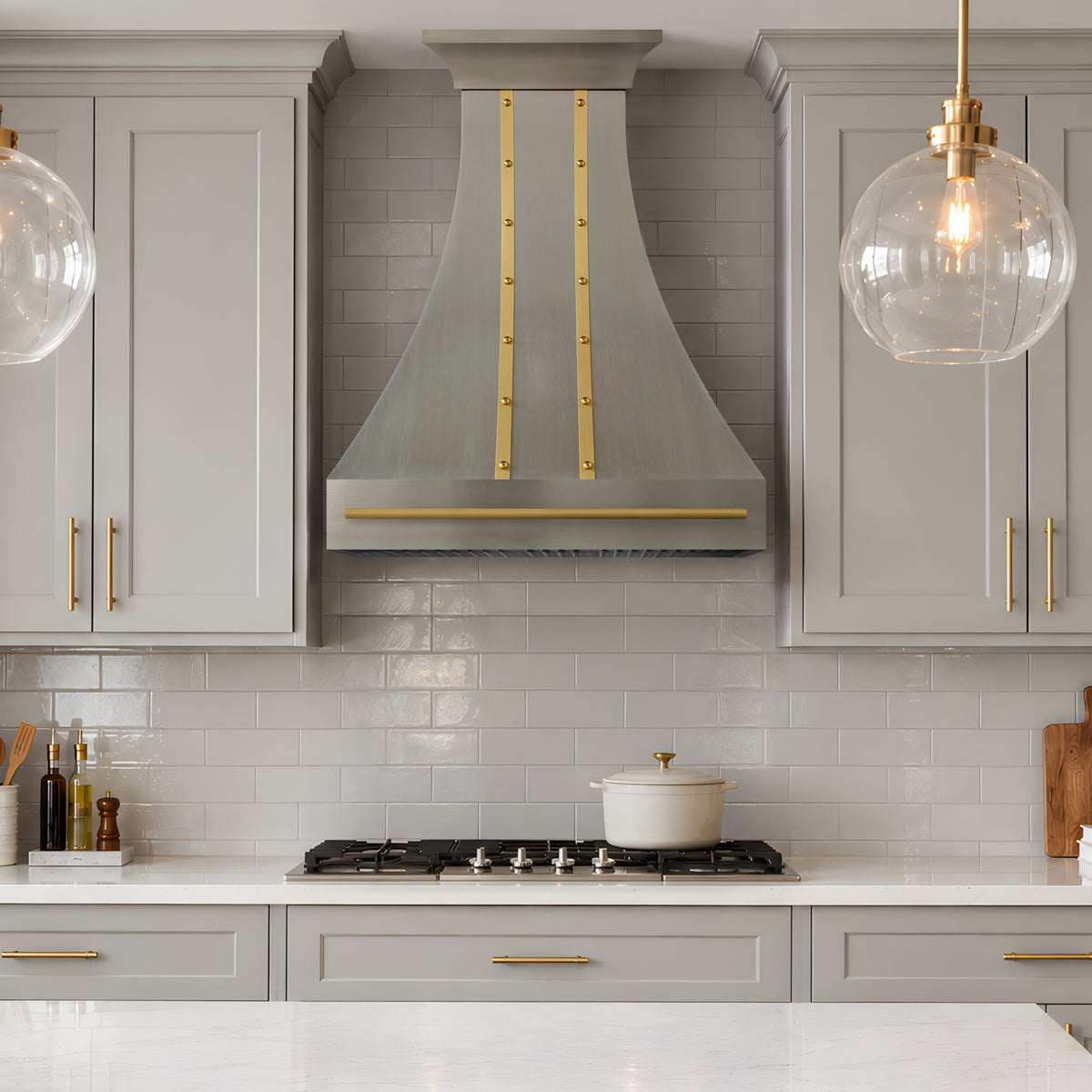 USA Custom Stainless Steel Vent Hood With Handmade Brass Pot Rack URHS-266