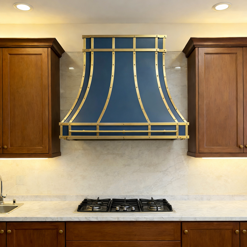 USA Dark Blue Stainless Steel Range Hood with Brass Trim URHS-99