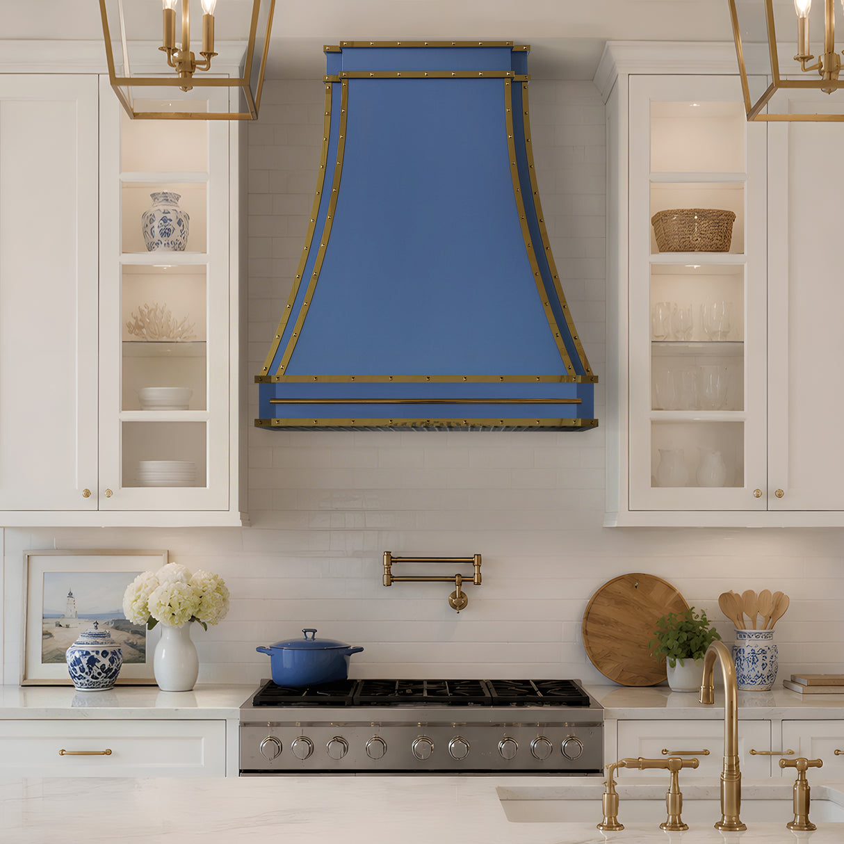 USA Designer Blue Stainless Steel Vent Hood with Brass Details URHS-242