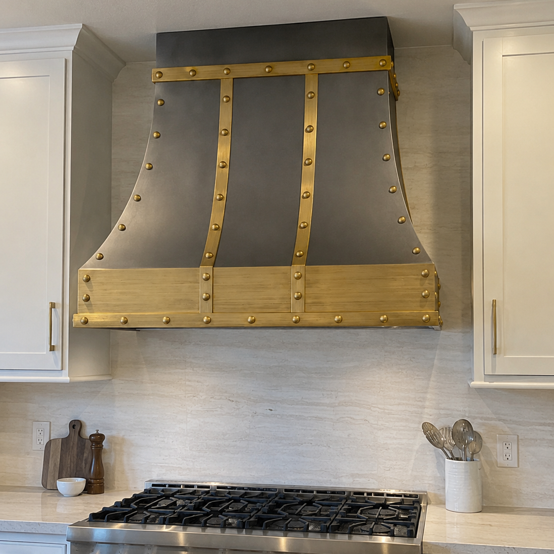 USA Designer Custom Natural Zinc Vent Hood with Brass Straps URHZ-25