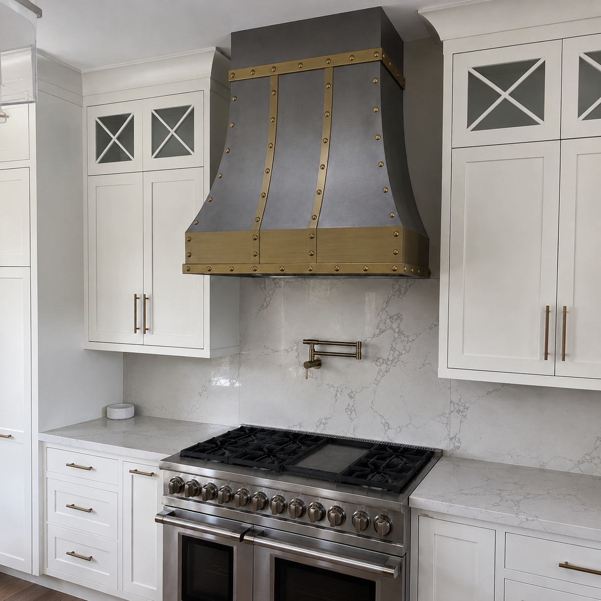 USA Designer Custom Natural Zinc Vent Hood with Brass Straps URHZ-25