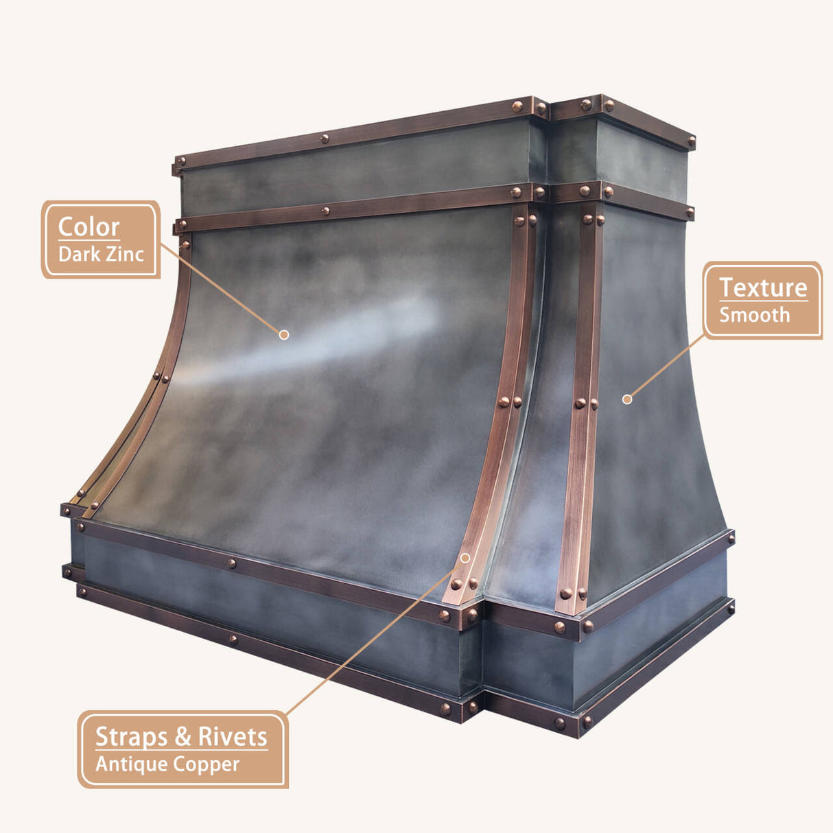 USA Designer Custom Zinc Kitchen Hood with Decorative Straps URHZ-13