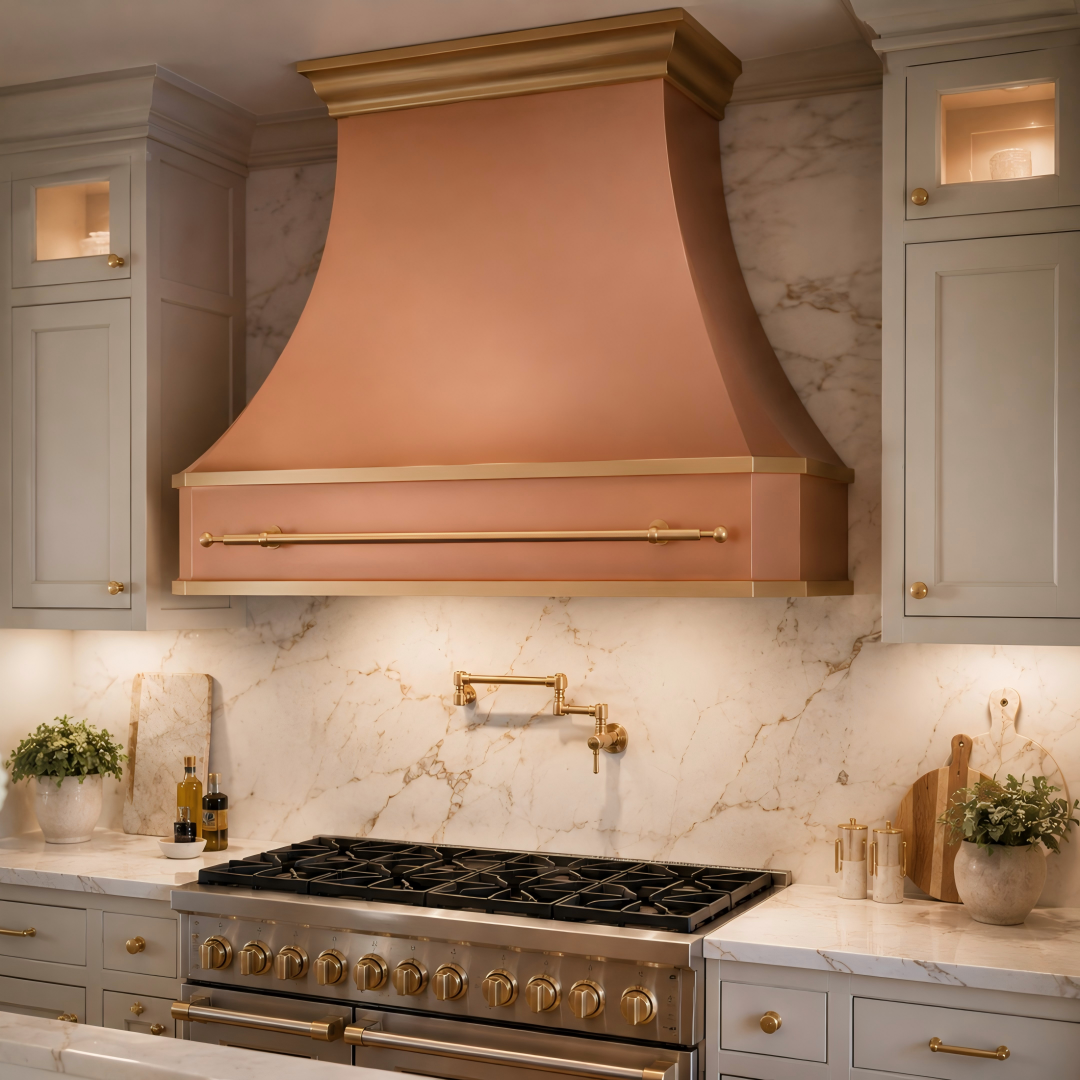 USA Handmade Natural Copper Stove Hood with Brass Pot Rack URHC-108