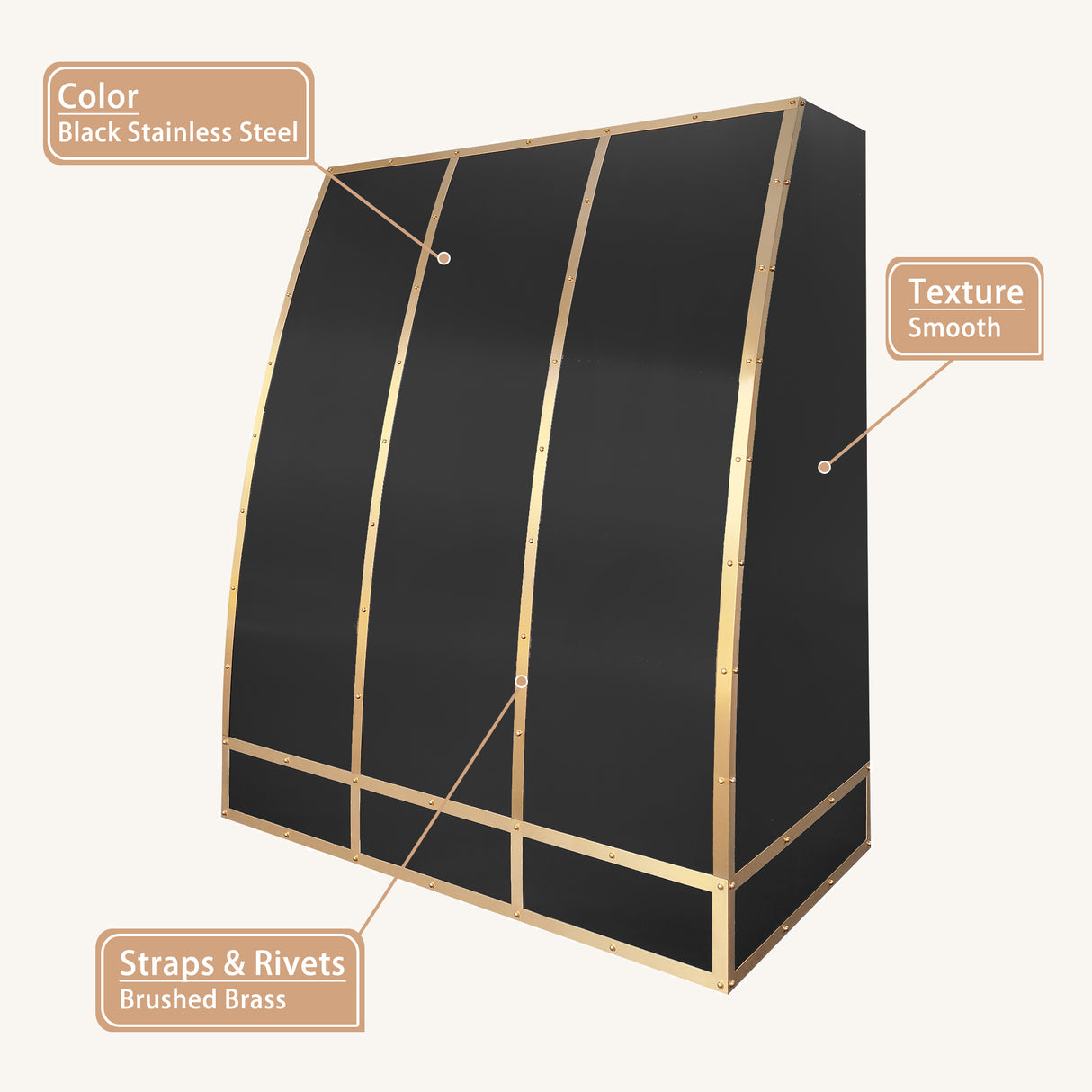 USA Luxury Stainless Steel Kitchen Hood with Artisan Brass Rivets URHS-133