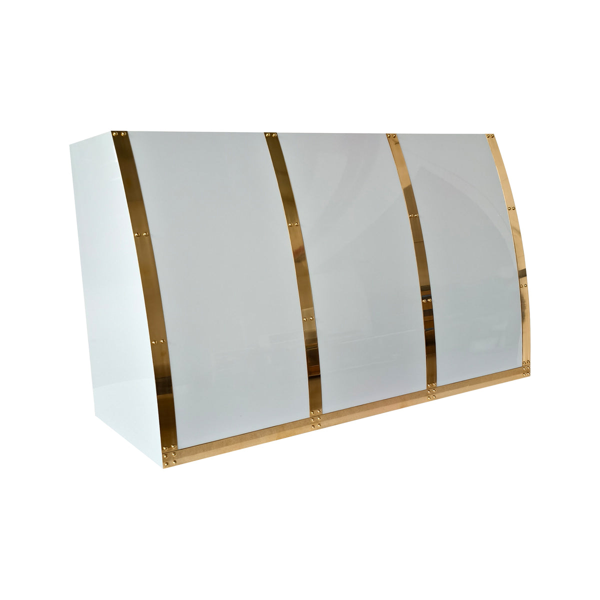 USA Luxury White Stainless Steel Stove Hood Faeaturing Polished Brass Straps URHS-256