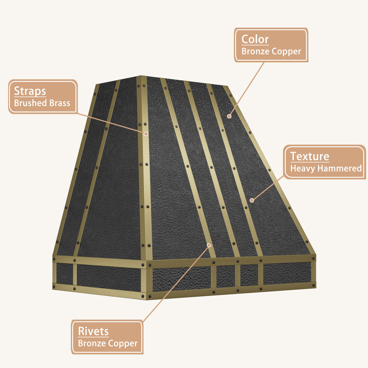 USA Luxuy Bronze Copper Vent Hood with Custom Antique Brass Straps  URHC-114