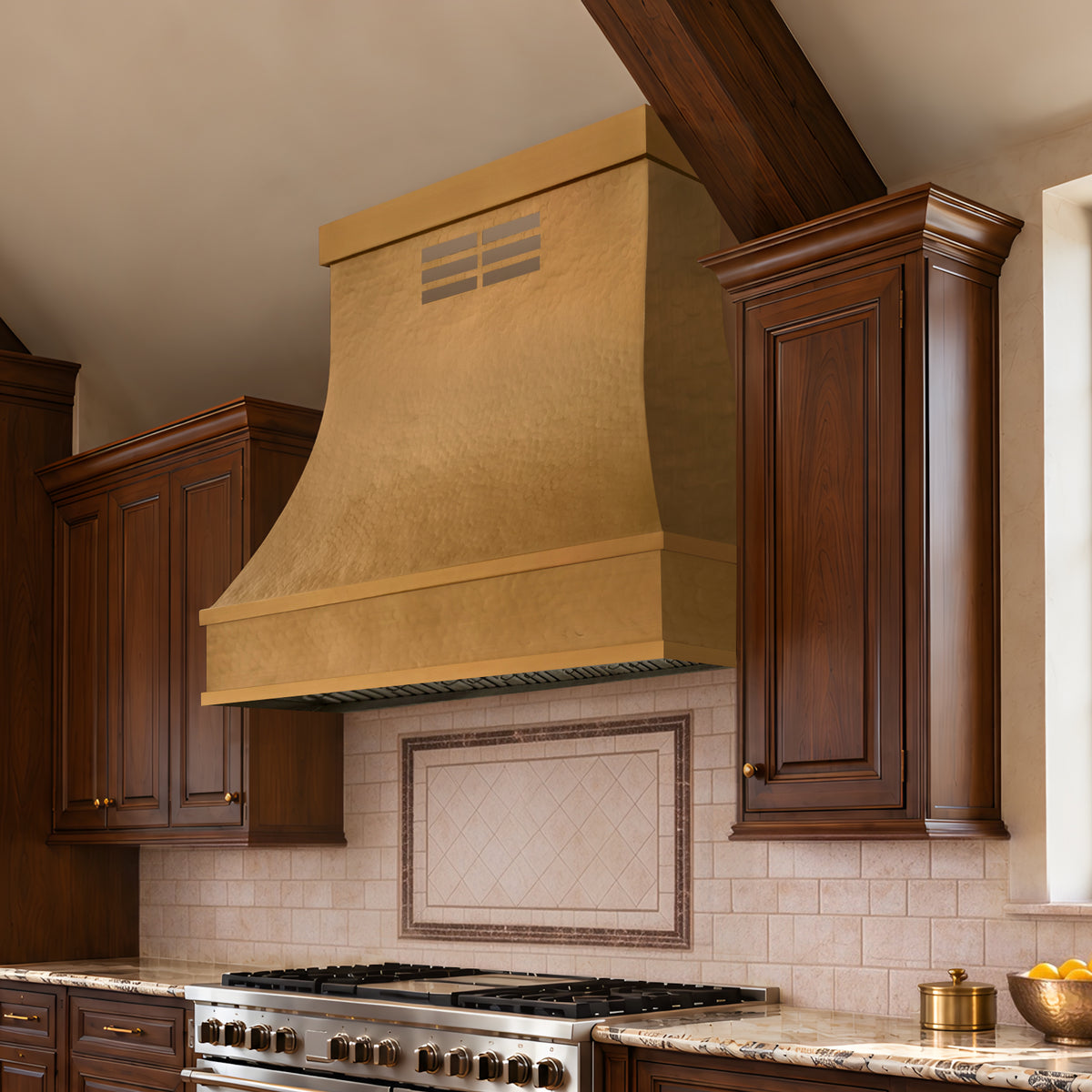USA Minimal Custom Brass Range Hood with Soft Hammered Finish URHB-166