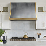 USA Minimal Custom Zinc Stove Hood Featuring Brass Pot Rack URHZ-17
