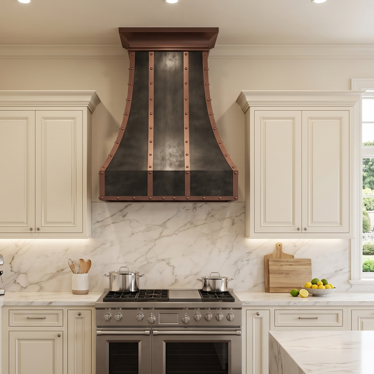USA Minimal Dark Zinc Range Hood with Antique Copper Straps URHZ-23