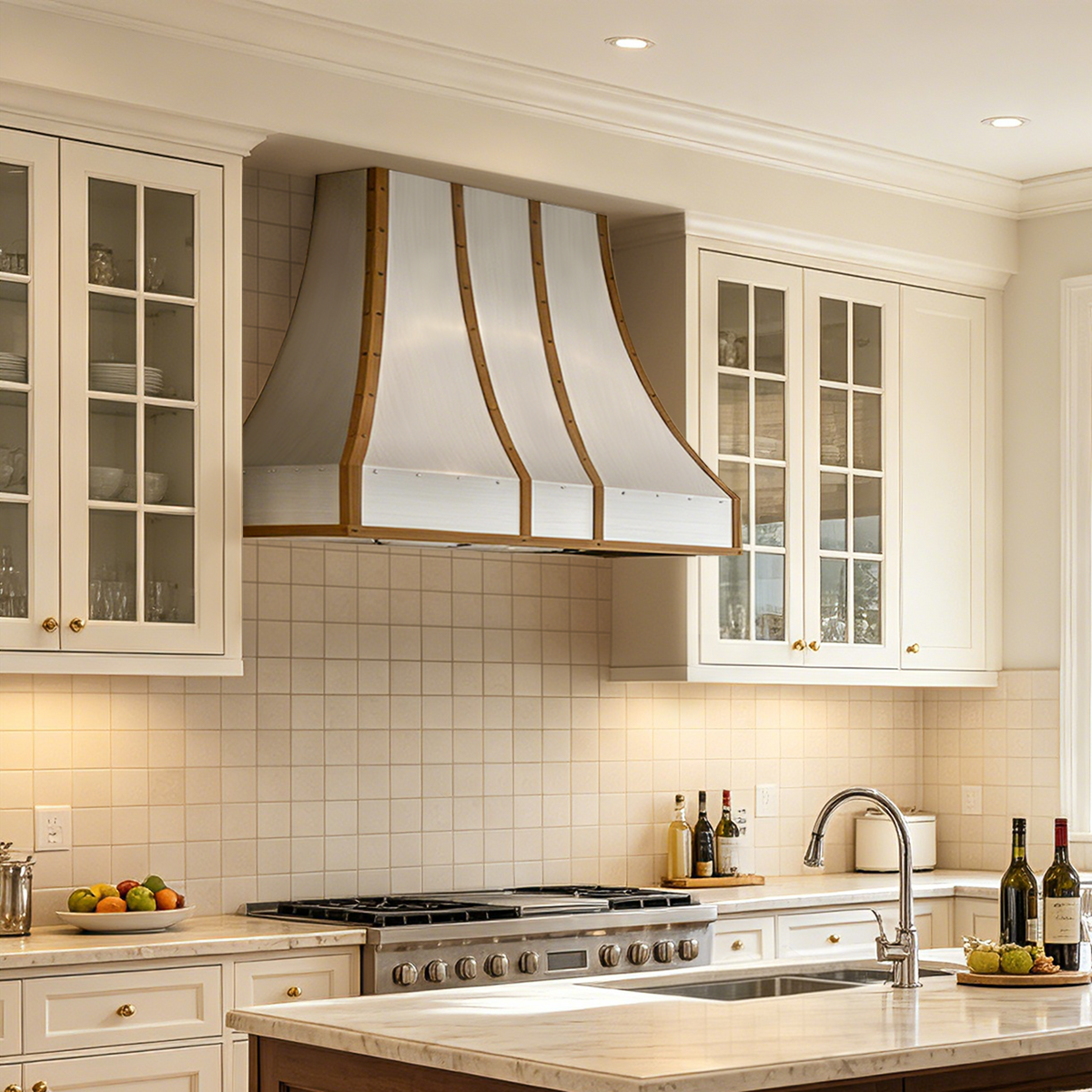 USA Minimal Stainless Steel Kitchen Hood with Antique Brass Straps URHS-258