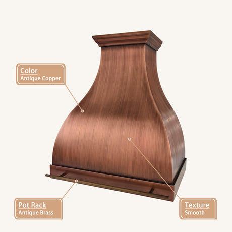 USA Modern Copper Vent Hood with Antique Brass Pot Rack URHC-112